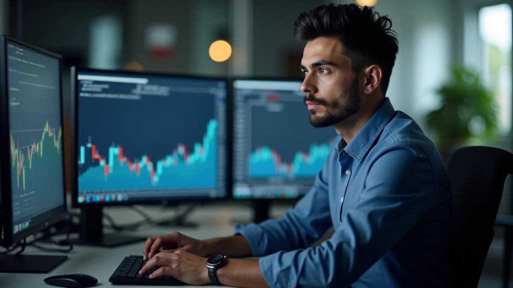 Trader profissional analisando múltiplos gráficos com médias móveis em tempo real durante uma sessão de trading