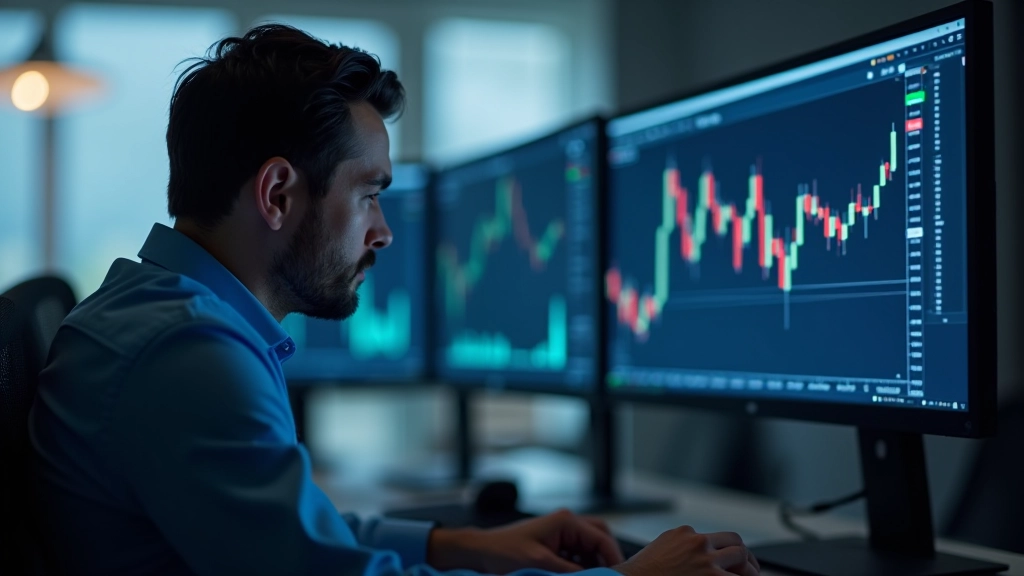 Trader analisando gráficos de candlestick num monitor de computador em ambiente profissional